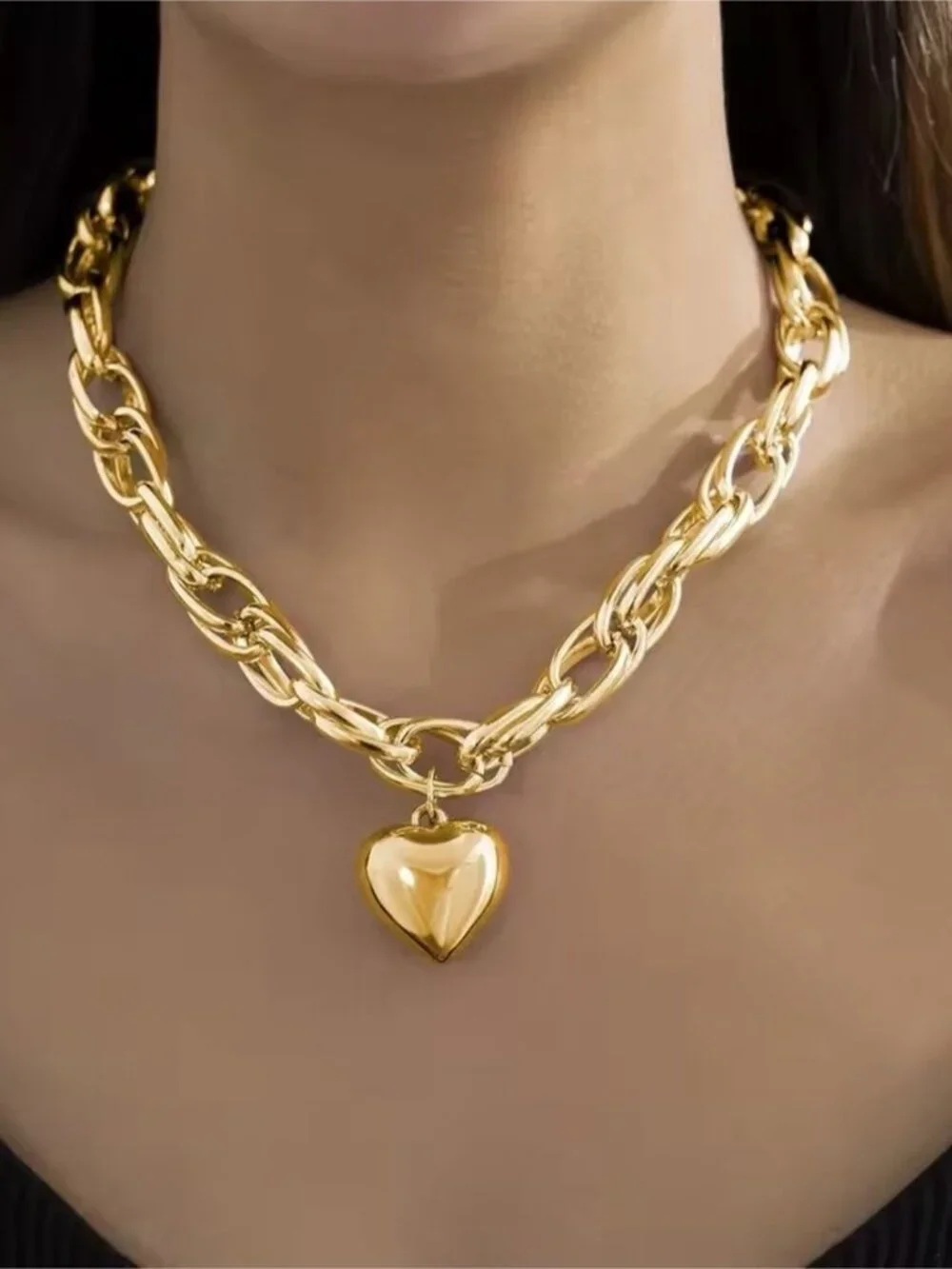 Shiny Gold tone Chunky Chain Necklace with Heart Pendant